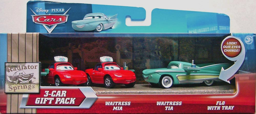 Radiator Springs Gift 3-Pack Flo with Tray, Waitress Mia, Waitress Tia — Mattel R8192 die-cast