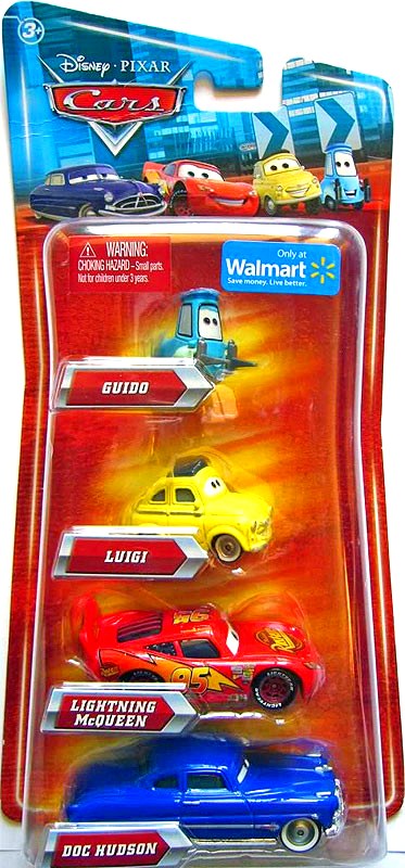 Walmart 4 Pack - Luigi, Lightning McQueen, Guido, Doc Hudson — Mattel V7317 die-cast