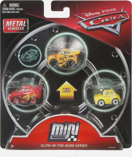 Mini Racers 3-Pack Glow Lightning McQueen + Glow Thomasville Cruz Ramirez + Glow Luigi — Mattel FPT78 die-cast