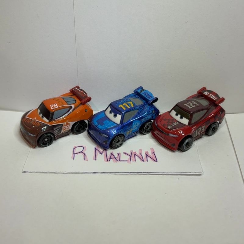 Mini Racer Next Gen # 28, # 117 & # 123 Nitroade (Tim Treadless), Lil Torquey Pistons (Spikey Fillup — 2017 — Mattel FBG95